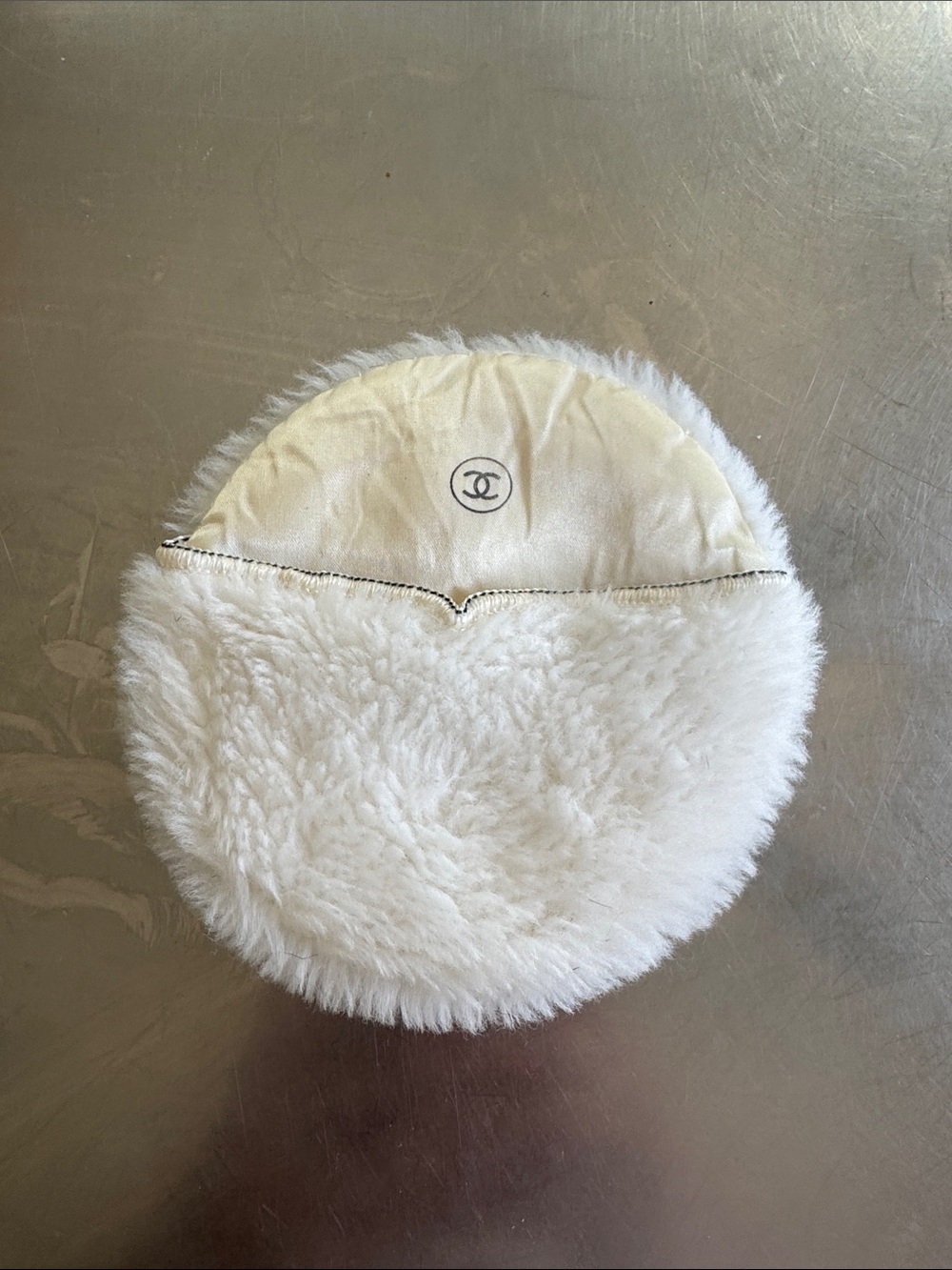 Vintage CHANEL Cream Round Faux Fur Pouch/Powder Puff